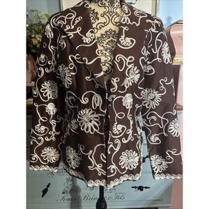 Enrico Baldini Embroidered Blazer Jacket Brown White Floral Size 10 Regular Fit